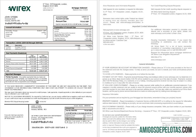 Declaração de hipoteca Wirex do Reino Unido em formatos Word e PDF exemplo real